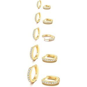 5 Pairs Tiny Gold Huggie Hoop Earrings for Women, Lightweight Cubic Zirconia